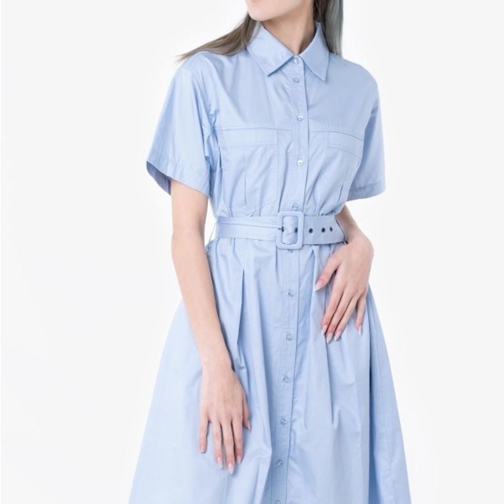 Guess Blue A-Line Midi Dress with Cuffed Sleeves